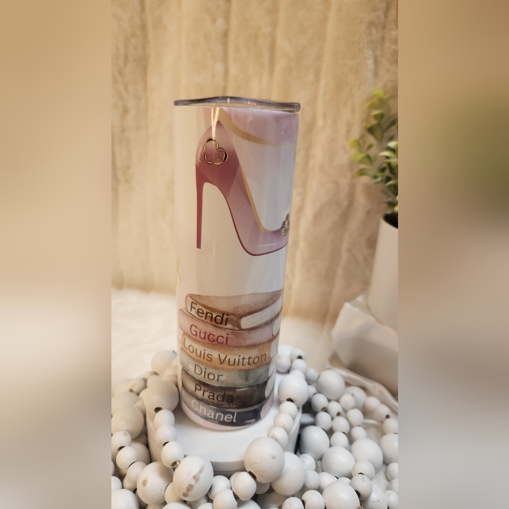 Elegant Pink Women's Shoe And Stylish Books Tumbler. 20oz NIB Hand Crafted